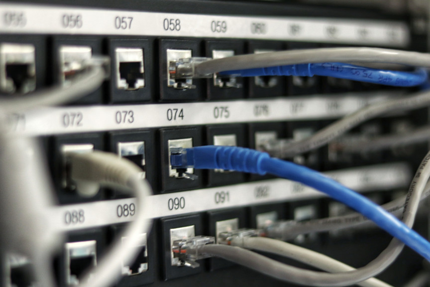 Network cables plugged into a patch panel